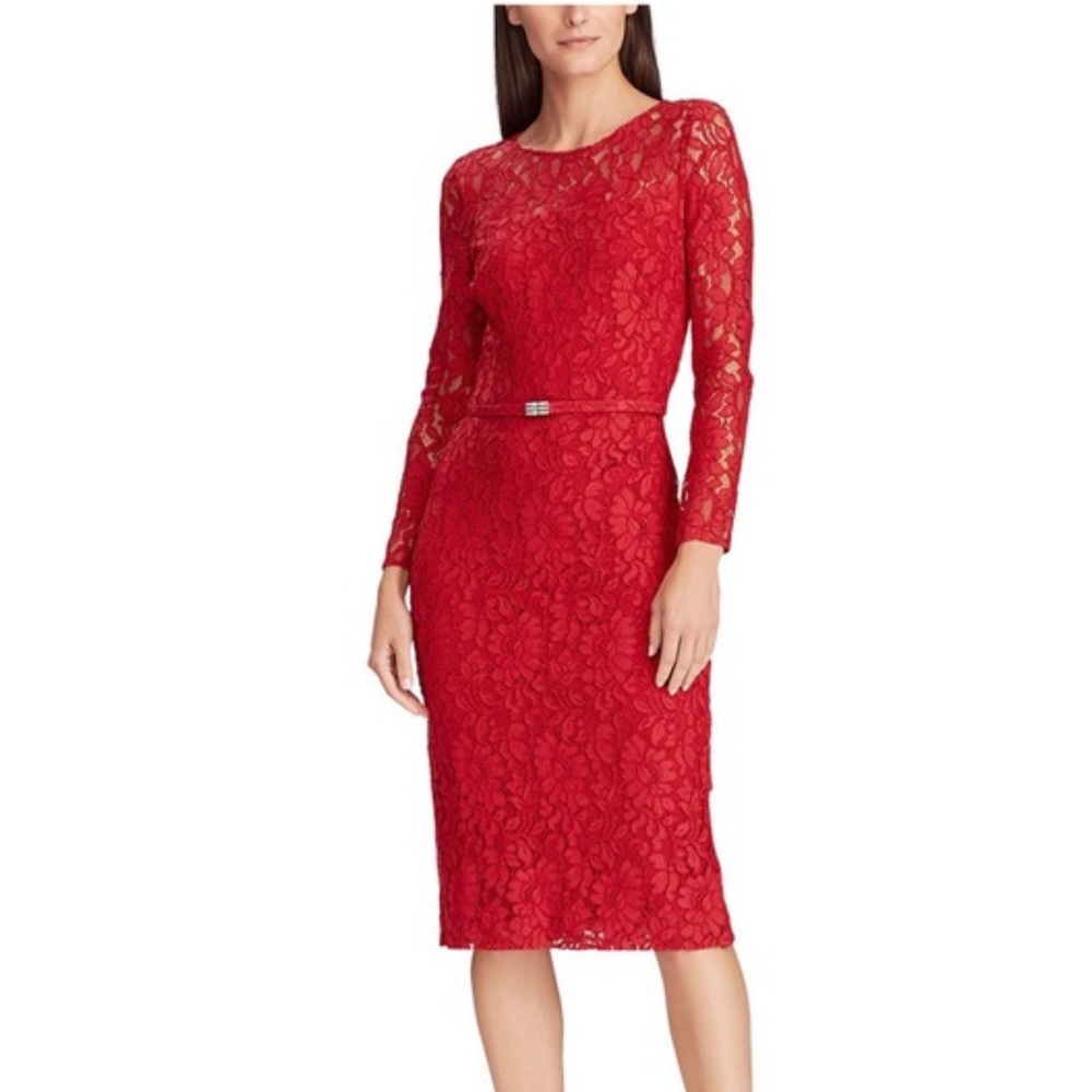EUC Ralph Lauren Red Floral Lace Belted Sheath Cocktail Dress